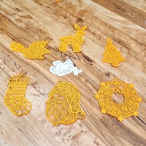 Lot of 6 Golden Lace Ornaments Santa, Wreath, Reindeer, bird, Stocking, and Tree